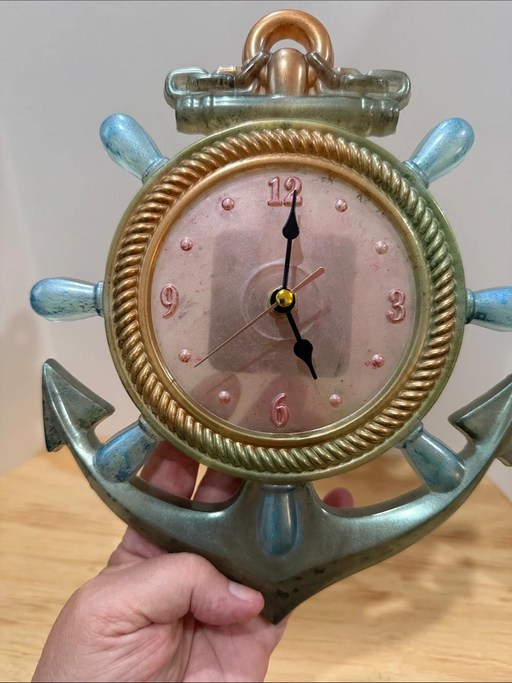 Nautical Anchor Ship Wheel Wall Clock — Bronze and Blue Coastal Accent